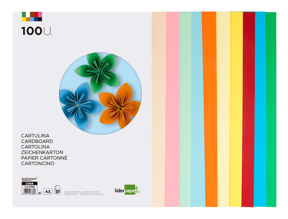 CARTULINA LIDERPAPEL A3 180G/M2 10 COLORES SURTIDOS PAQUETE 100 HOJAS