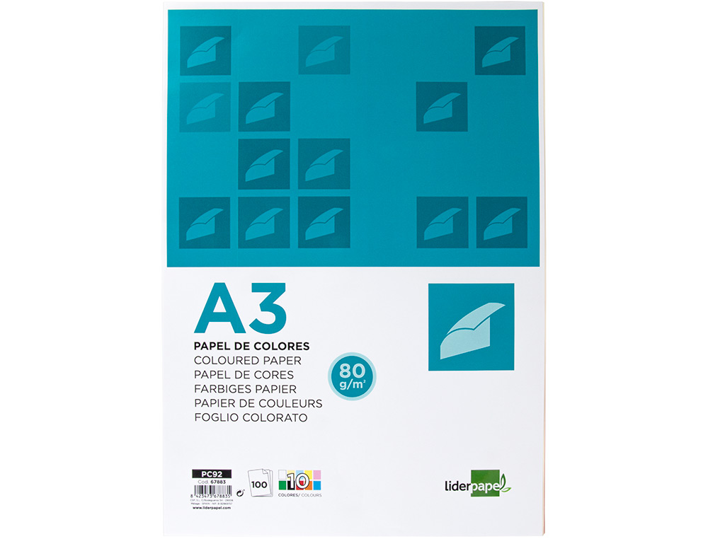 PAPEL COLOR LIDERPAPEL A3 80GR 10 COLORES SURTIDOS PAQUETE 100 HOJAS