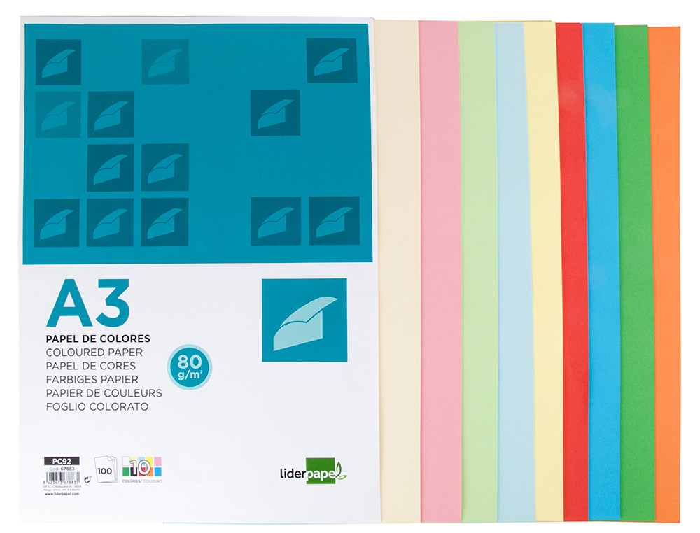 PAPEL COLOR LIDERPAPEL A3 80GR 10 COLORES SURTIDOS PAQUETE 100 HOJAS