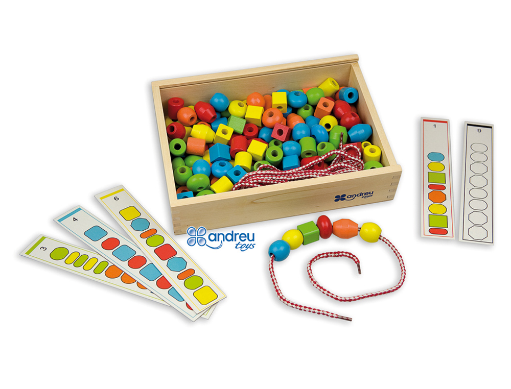 JUEGO ANDREUTOYS FORMAS PARA ENSARTAR + 10 CORDONES + 10 PLANTILLAS CAJA DE 150 UNIDADES SURTIDAS