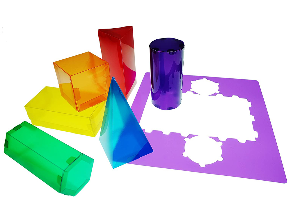 JUEGO PLANTILLAS 3D HENBEA PLASTICO FLEXIBLE FORMAS GEOMETRICAS COLORES TRANSLUCIDOS 35X35 CM SET CON