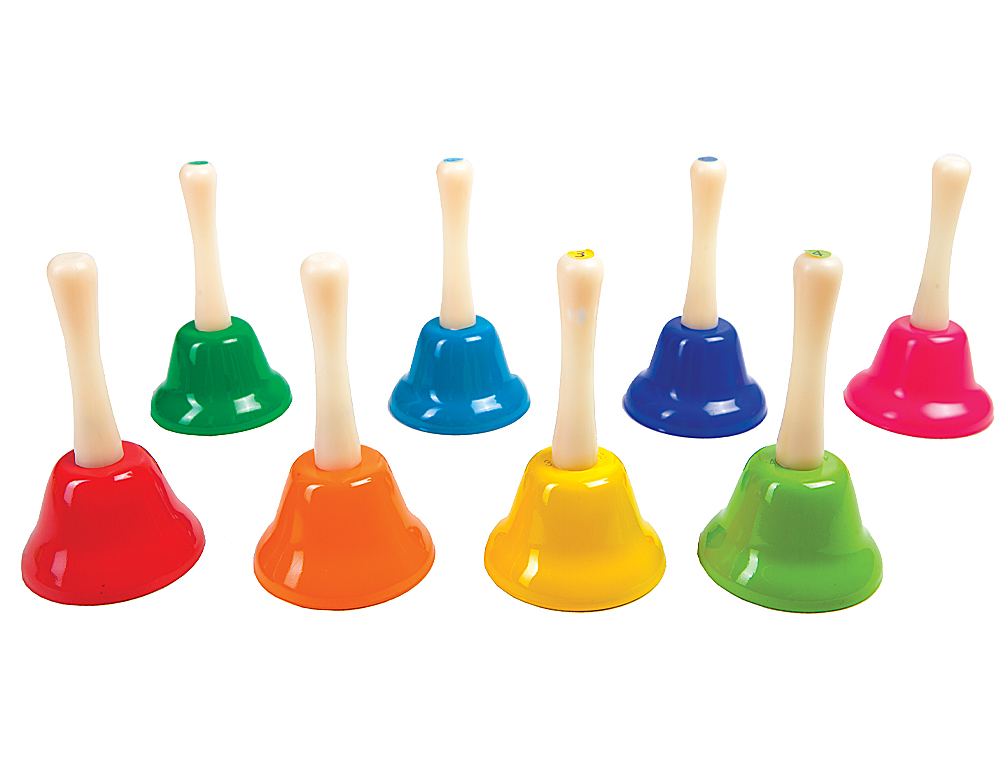CAMPANITA PEQUEA AMAYA DE MANO CON MANGO TRADICIONAL ESCALA DIATONICA SET DE 8 UNIDADES COLORES SURTIDOS