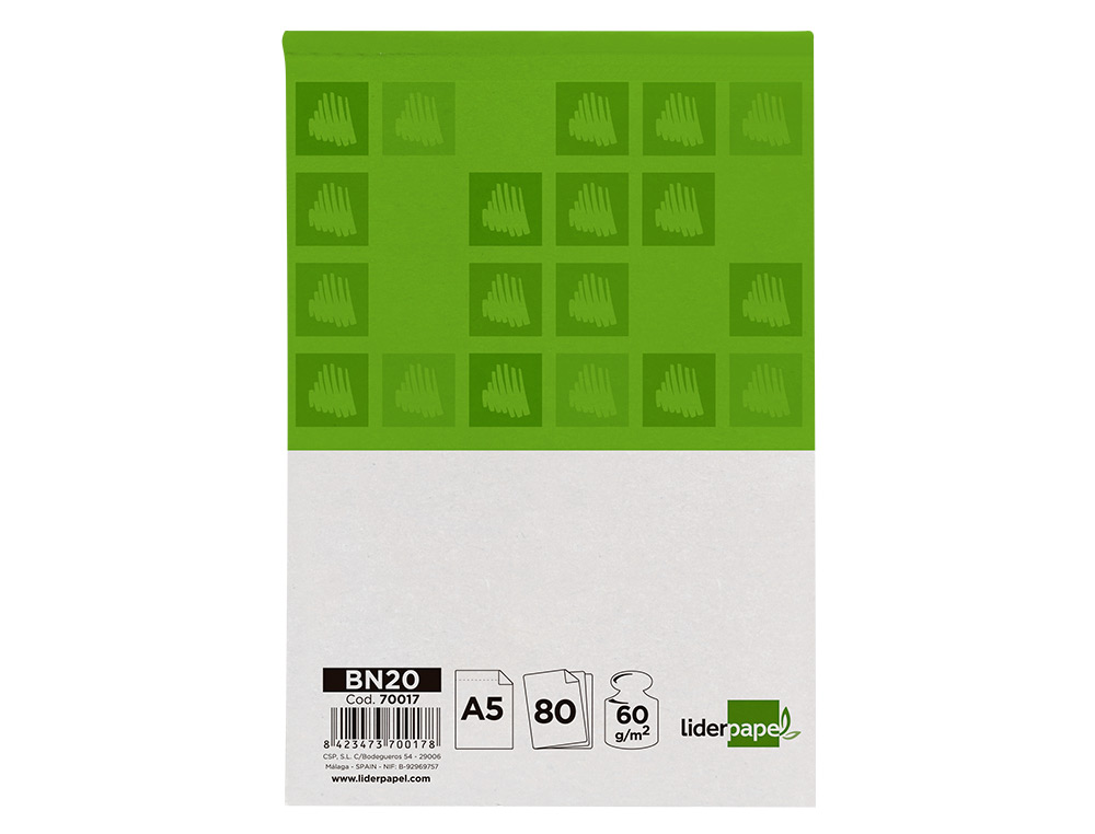 BLOC NOTAS LIDERPAPEL LISO A5 80 HOJAS 60 G/M2 PERFORADO SIN TAPA