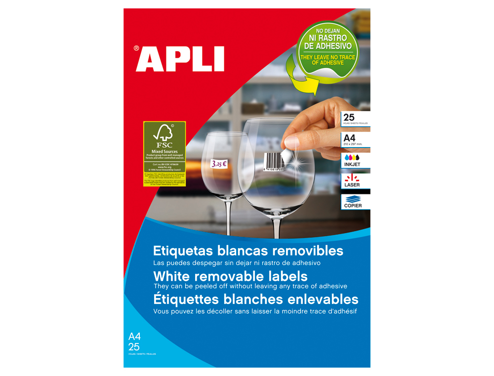 ETIQUETA ADHESIVAS APLI 10197 TAMAÑO 17,8X10 MM REMOVIBLE PARA FOTOCOPIADORA LASER INK-JET CAJA 25 HOJAS CON