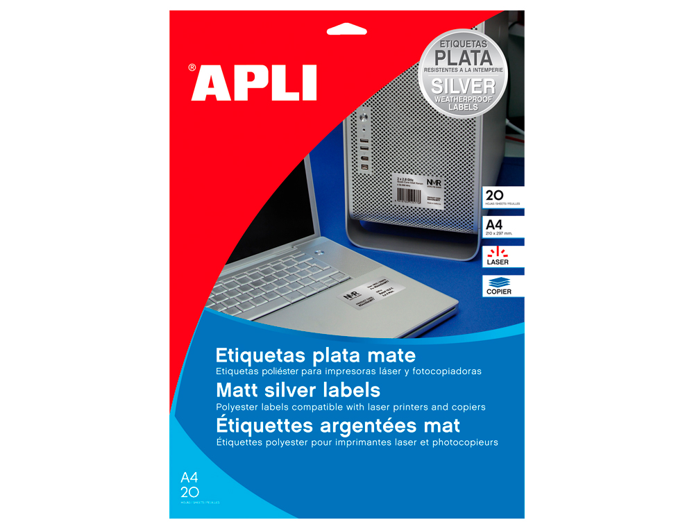 ETIQUETA ADHESIVA APLI 10071 METALIZADA 210X297 MM PARA FOTOCOPIADORA LASER CAJA 20 HOJAS