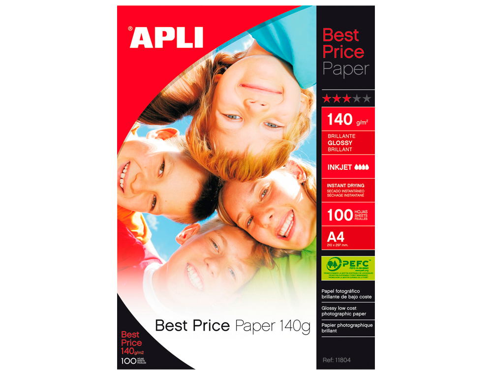 PAPEL FOTOGRAFICO APLI GLOSSY DIN A4 PACK DE 100 HOJAS 140 GR