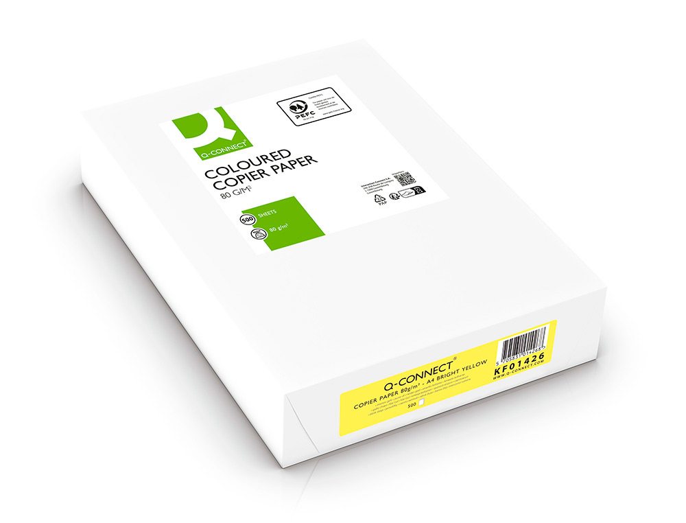 PAPEL COLOR Q-CONNECT DIN A4 80GR AMARILLO INTENSO PAQUETE DE 500 HOJAS