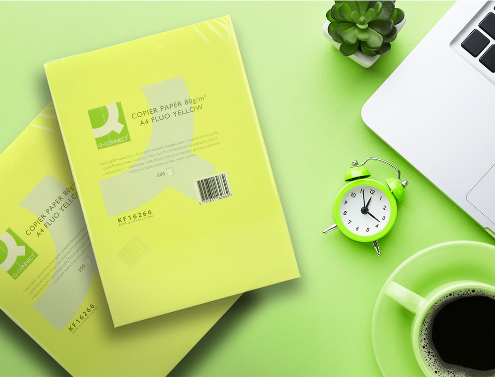 PAPEL COLOR Q-CONNECT DIN A4 80GR AMARILLO NEON PAQUETE DE 500 HOJAS