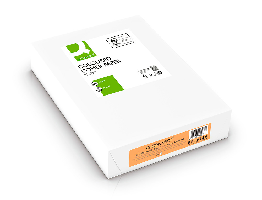 PAPEL COLOR Q-CONNECT DIN A4 80GR NARANJA NEON PAQUETE DE 500 HOJAS