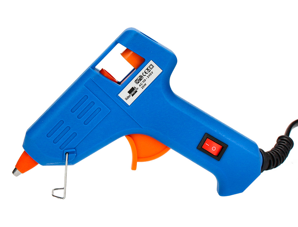 PISTOLA TERMOFUSIBLE MINI LIDERPAPEL DE 25W CON GATILLO DISPENSADOR Y 2 BARRAS DE REPUESTO DE 7 MM DIAMETRO X 100 MM