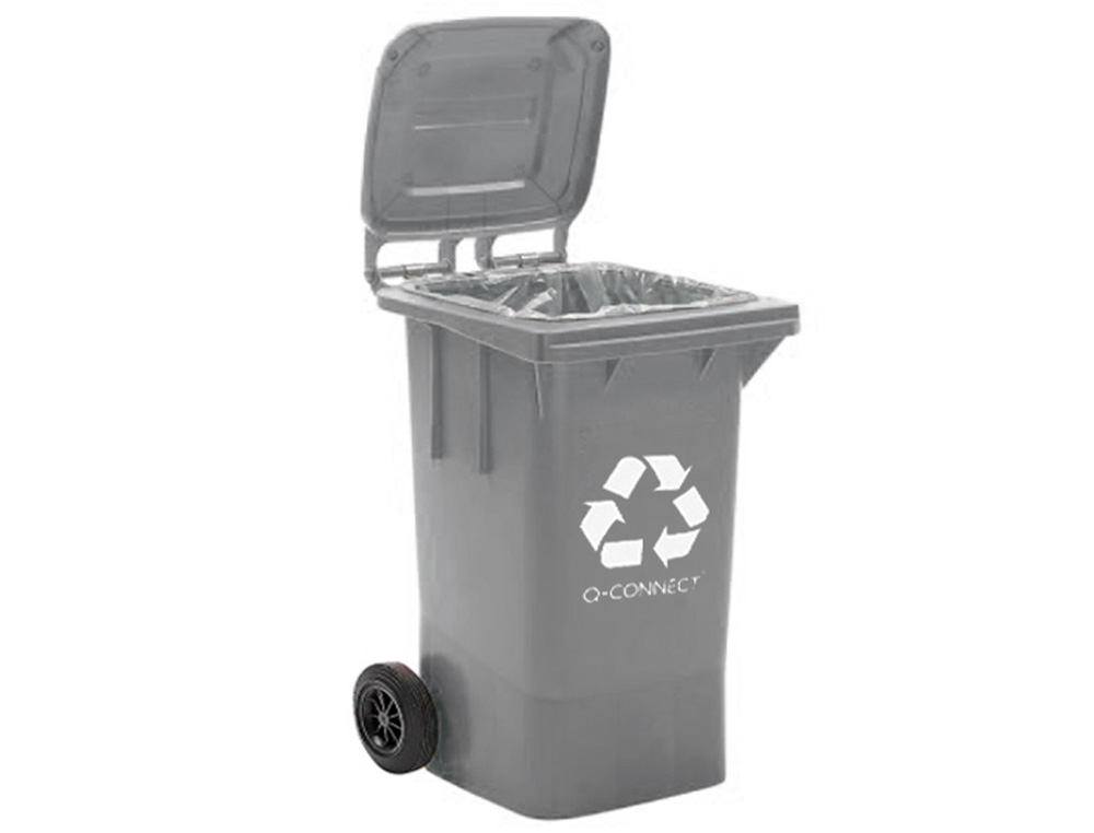 PAPELERA CONTENEDOR Q-CONNECT PLASTICO GRIS PARA DESECHOS EN GENERAL 100 L CON TAPA Y RUEDAS 750X470X370 MM