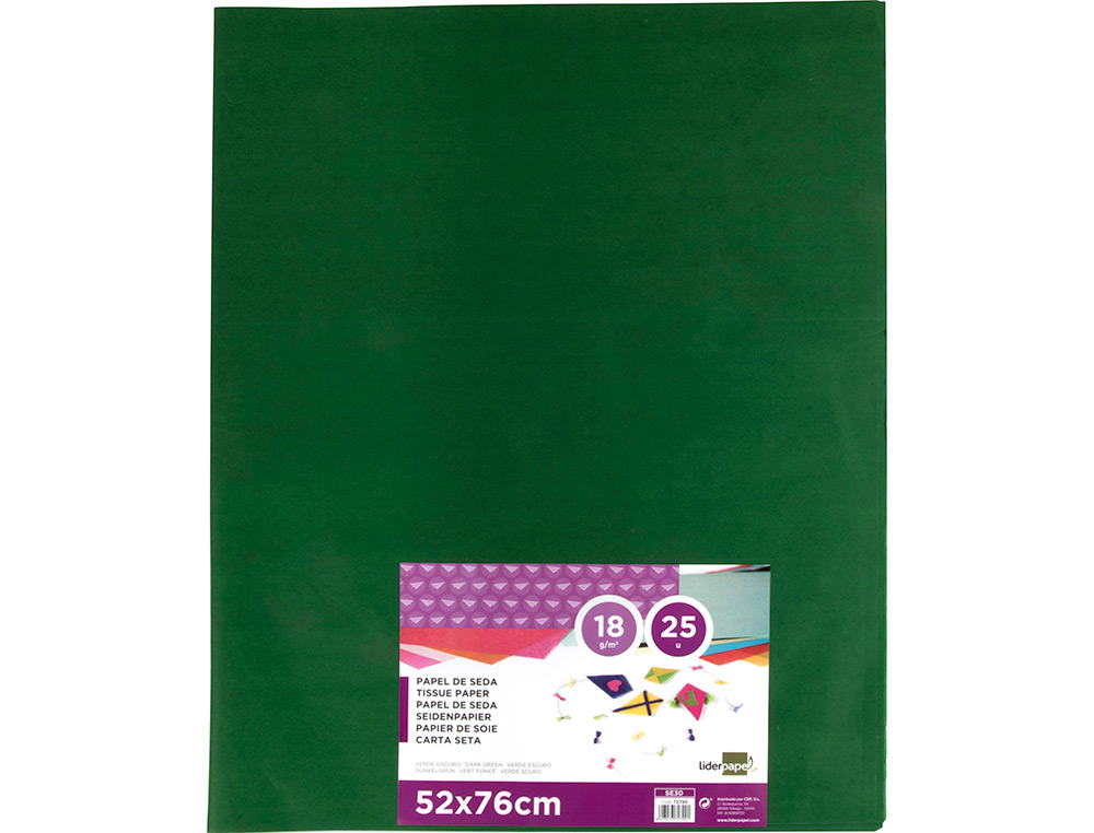 PAPEL SEDA LIDERPAPEL VERDE OSCURO 52X76CM 18 GR/M2 PAQUETE DE 25 HOJAS