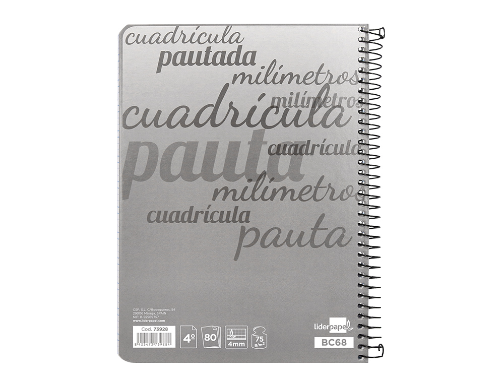 CUADERNO ESPIRAL LIDERPAPEL CUARTO PAUTAGUIA TAPA DURA 80H 75 GR CUADRO PAUTADO 4MM CON MARGEN