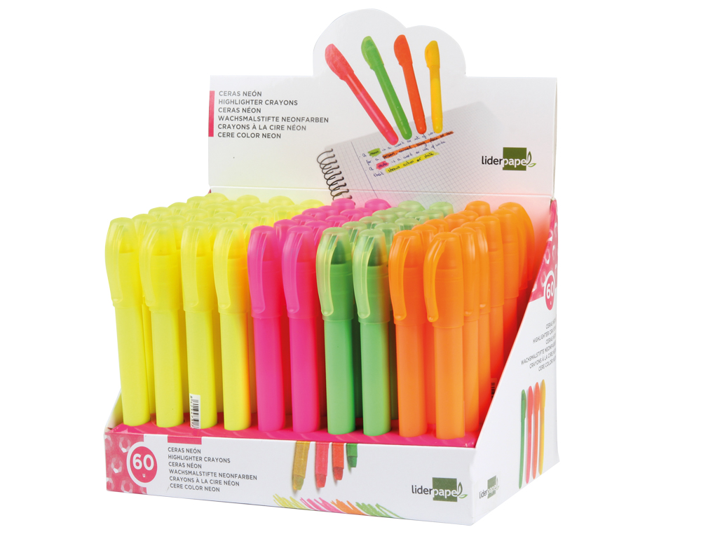 MARCADOR DE CERA GEL LIDERPAPEL FLUORESCENTE EXPOSITOR DE 60 UNIDADES COLORES SURTIDOS