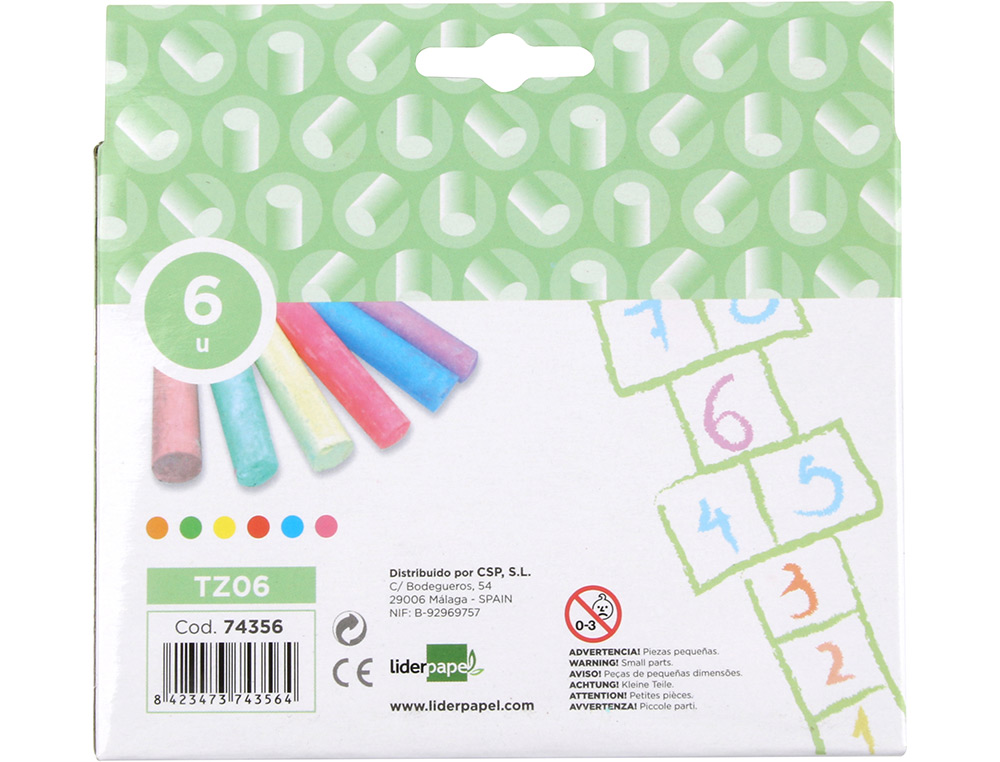 TIZA COLOR LIDERPAPEL PARA SUELO CAJA DE 6 UNIDADES COLORES SURTIDOS