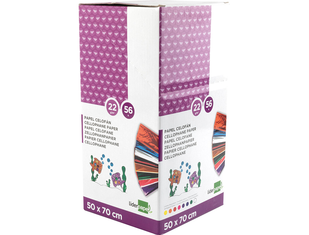 PAPEL CELOFAN LIDERPAPEL 50X70 CM EXPOSITOR DE 56 BOLSAS DE 5 HOJAS 8 COLORES SURTIDOS