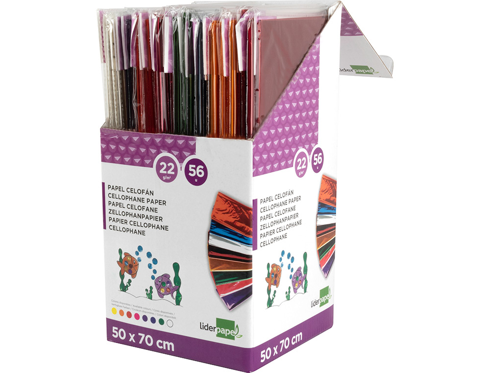 PAPEL CELOFAN LIDERPAPEL 50X70 CM EXPOSITOR DE 56 BOLSAS DE 5 HOJAS 8 COLORES SURTIDOS