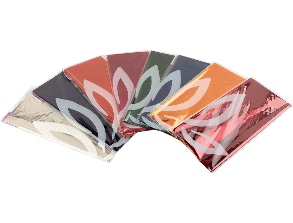 PAPEL CELOFAN LIDERPAPEL 50X70 CM EXPOSITOR DE 56 BOLSAS DE 5 HOJAS 8 COLORES SURTIDOS