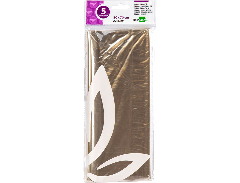 PAPEL CELOFAN LIDERPAPEL 50X70 CM 22G/M2 BOLSA DE 5 HOJAS TRANSPARENTE