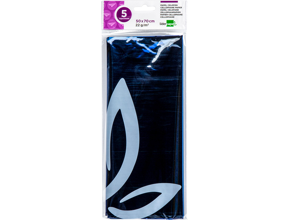 PAPEL CELOFAN LIDERPAPEL 50X70 CM 22G/M2 BOLSA DE 5 HOJAS AZUL