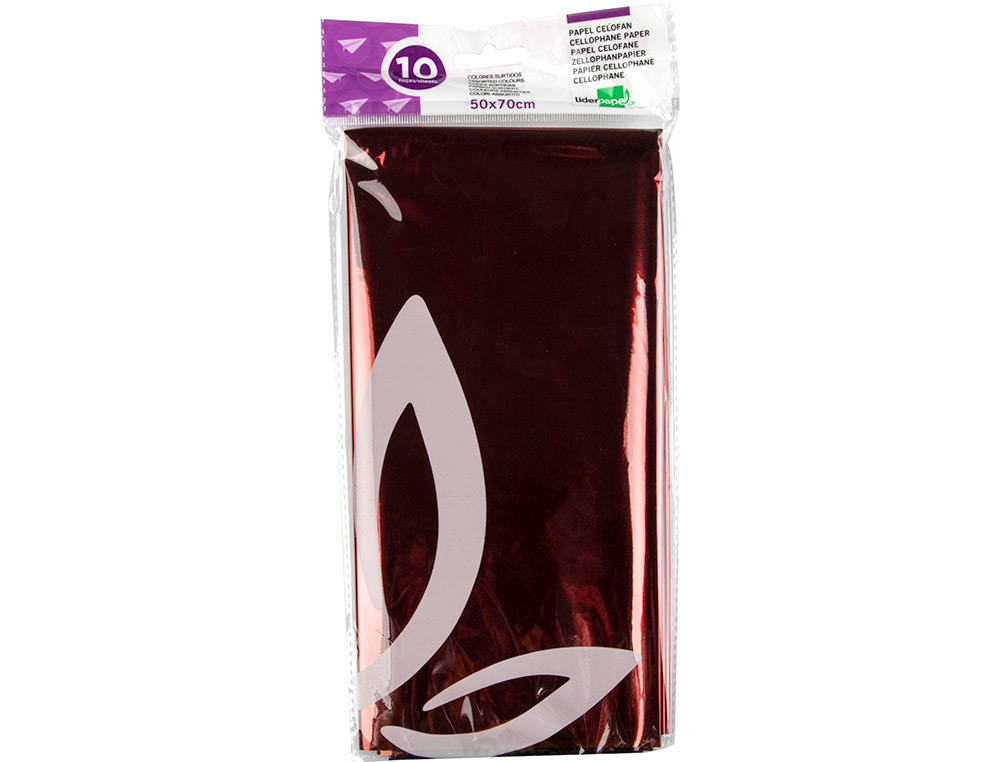 PAPEL CELOFAN LIDERPAPEL 50X70 CM 22G/M2 BOLSA DE 10 HOJAS COLORES SURTIDOS
