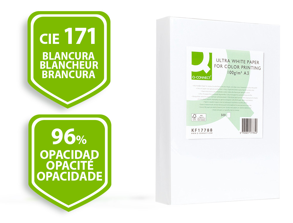 PAPEL FOTOCOPIADORA Q-CONNECT ULTRA WHITE DIN A3 100 GRAMOS PAQUETE DE 500 HOJAS