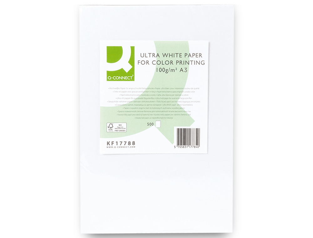 PAPEL FOTOCOPIADORA Q-CONNECT ULTRA WHITE DIN A3 100 GRAMOS PAQUETE DE 500 HOJAS
