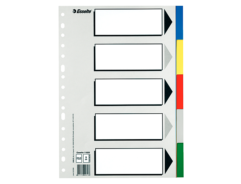 SEPARADOR ESSELTE PLASTICO JUEGO DE 5 SEPARADORES FOLIO CON 5 COLORES MULTITALADRO