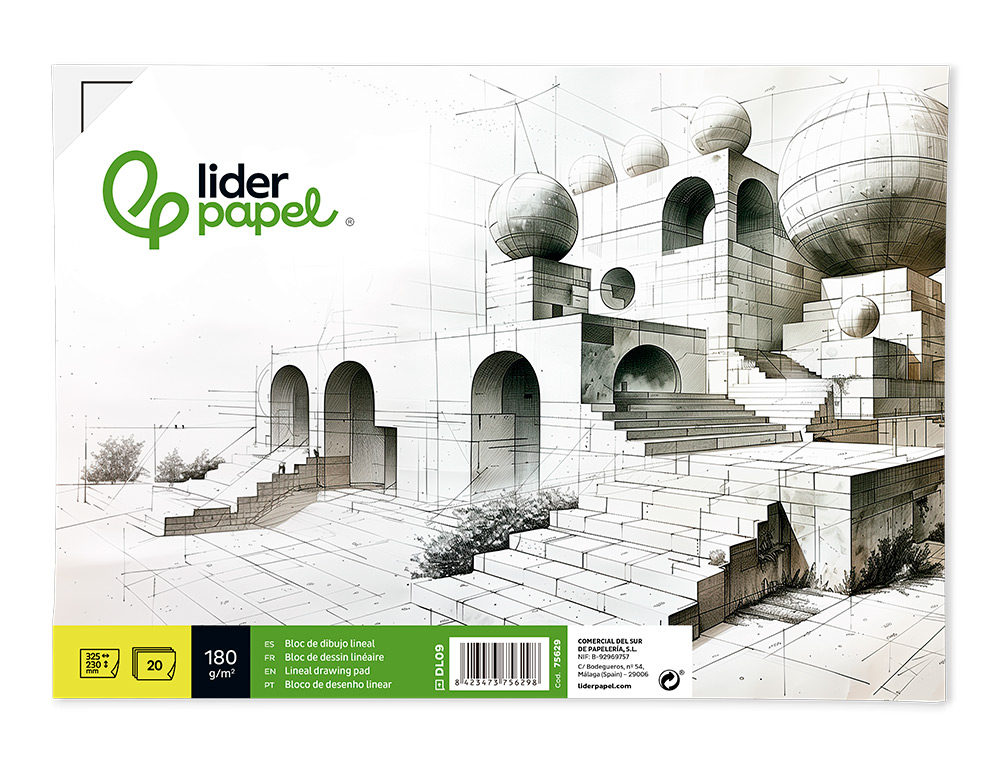 BLOC DIBUJO LIDERPAPEL LINEAL ENCOLADO 230X325MM 20 HOJAS 180 GR/M2 CON RECUADRO