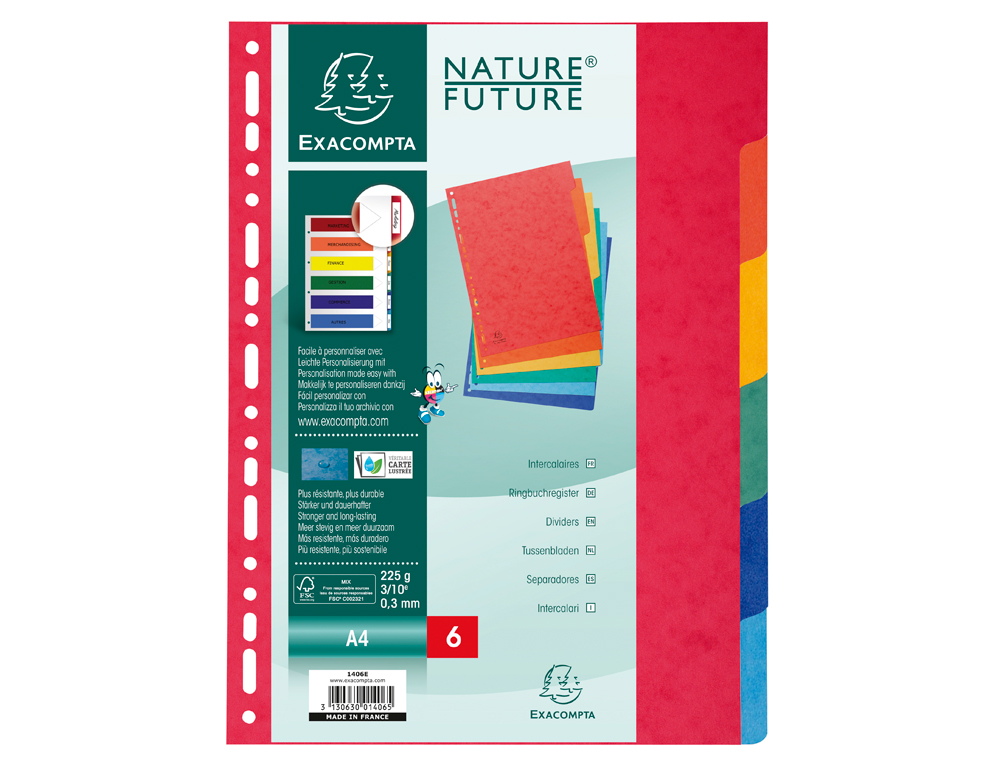 SEPARADOR EXACOMPTA CARTULINA SIMIL PRESPAN JUEGO DE 6 SEPARADORES DIN A4 MULTITALADRO COLORES VIVOS