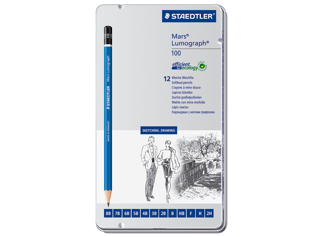 LAPICES DE GRAFITO STAEDTLER MARS LUMOGRAPH 100 CAJA METALICA DE 12 LAPICES 8B- 7B-6B-5B-4B-3B-2B-B-HB-F-H-2H