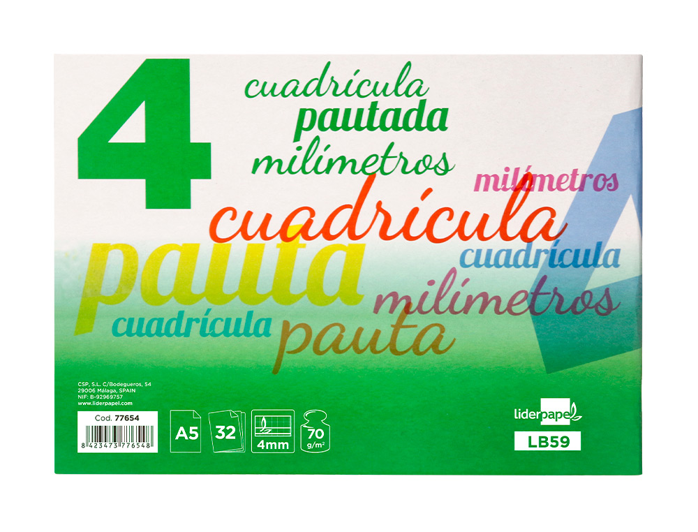 LIBRETA LIDERPAPEL PAUTAGUIA TAPA CARTONCILLO 32 HOJAS DIN A5 70 G CUADRICULADO PAUTADO 4 MM APAISADO CON MARGEN