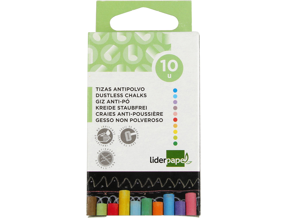 TIZA COLOR ANTIPOLVO LIDERPAPEL CAJA DE 10 UNIDADES COLORES SURTIDOS