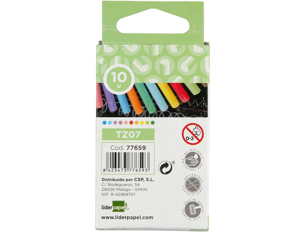 TIZA COLOR ANTIPOLVO LIDERPAPEL CAJA DE 10 UNIDADES COLORES SURTIDOS