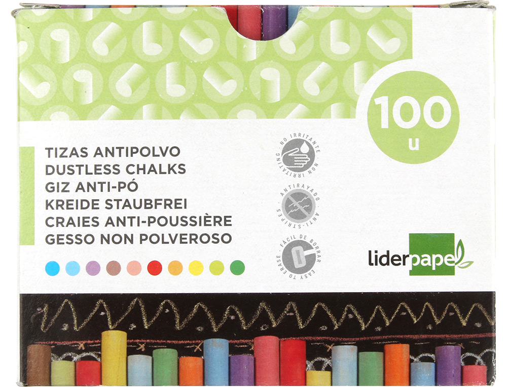 TIZA COLOR ANTIPOLVO LIDERPAPEL CAJA DE 100 UNIDADES COLORES SURTIDOS