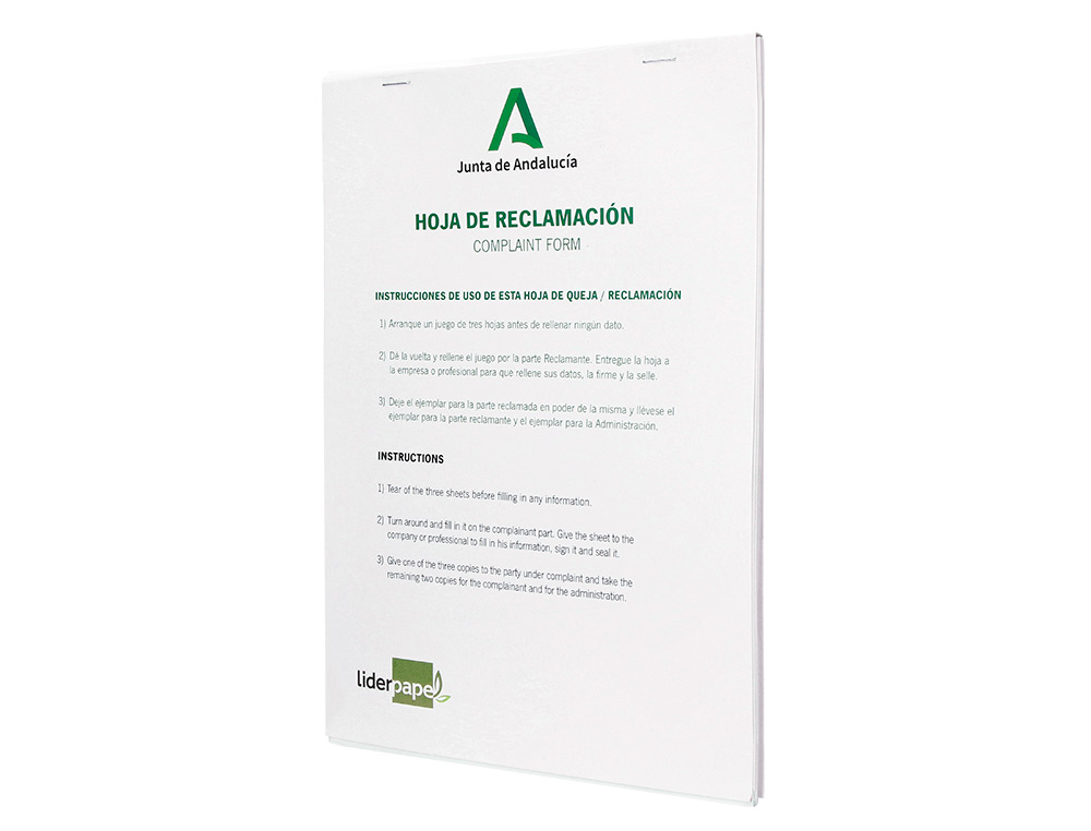 LIBRO LIDERPAPEL HOJAS DE RECLAMACIONES JUNTA DE ANDALUCIA DIN A4 25 JUEGOS ORIGINAL + 2 COPIAS