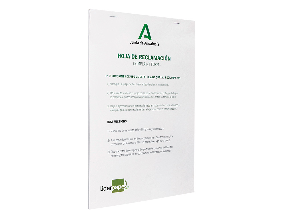 LIBRO LIDERPAPEL HOJAS DE RECLAMACIONES JUNTA DE ANDALUCIA DIN A4 25 JUEGOS ORIGINAL + 2 COPIAS