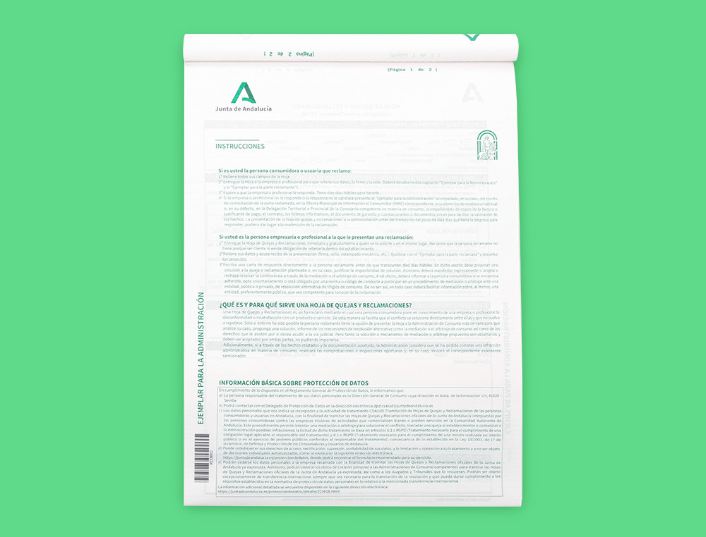 LIBRO LIDERPAPEL HOJAS DE RECLAMACIONES JUNTA DE ANDALUCIA DIN A4 25 JUEGOS ORIGINAL + 2 COPIAS