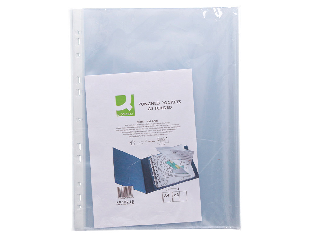 FUNDA MULTITALADRO Q-CONNECT DIN A3 APAISADA 80 MICRAS CRISTAL CON APERTURA SUPERIOR - BOLSA DE 10