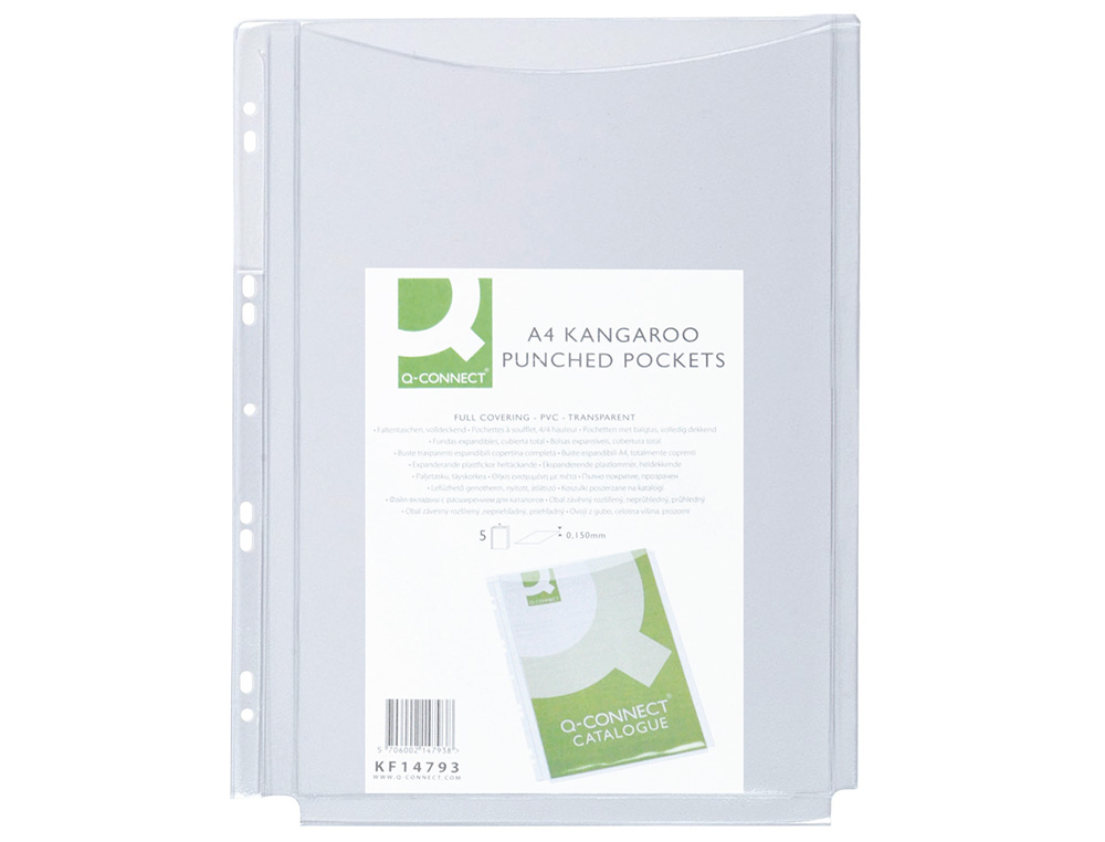 FUNDA MULTITALADRO Q-CONNECT CON FUELLE DIN A4 PVC 180 MC BOLSA DE 5 UNIDADES