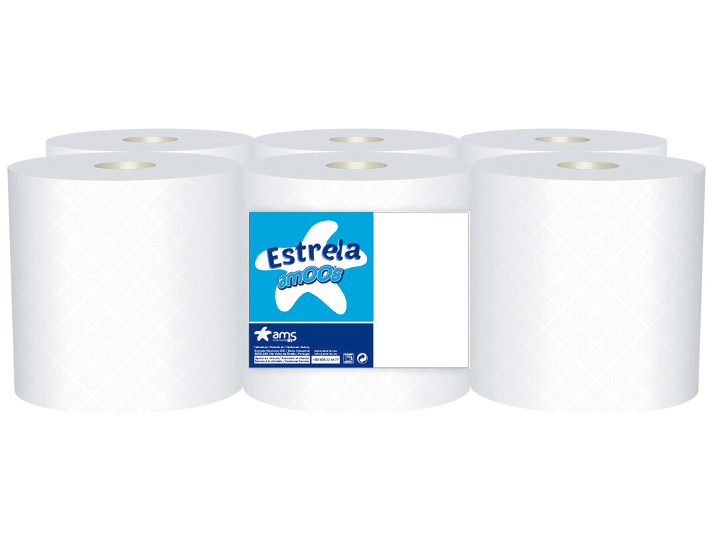 PAPEL SECAMANOS AMOOS 2 CAPAS 190 MM X 130 MT PAQUETE DE 6 ROLLOS