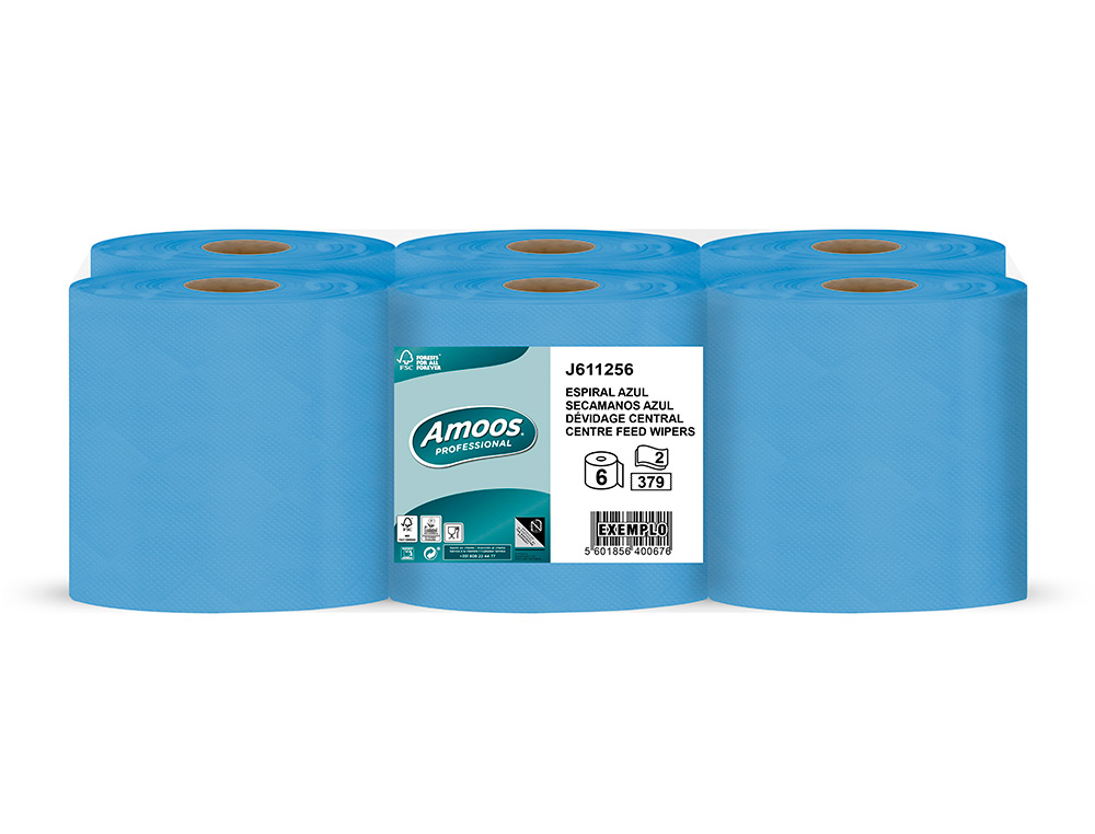 PAPEL SECAMANOS AMOOS 2 CAPAS PROFESSIONAL 200 MM X 125 MT COLOR AZUL PAQUETE DE 6 ROLLOS