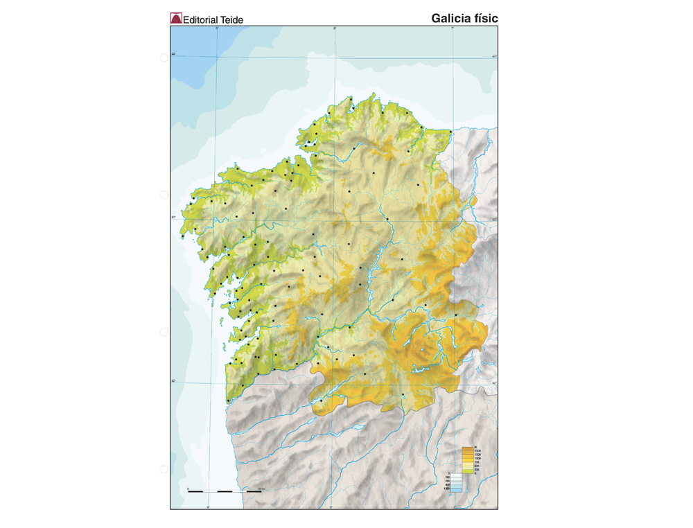 MAPA MUDO COLOR DIN A4 GALICIA FISICO