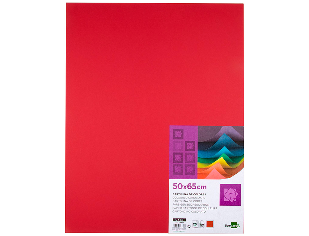 CARTULINA LIDERPAPEL 50X65 CM 180G/M2 ROJO NAVIDAD PAQUETE DE 25 HOJAS