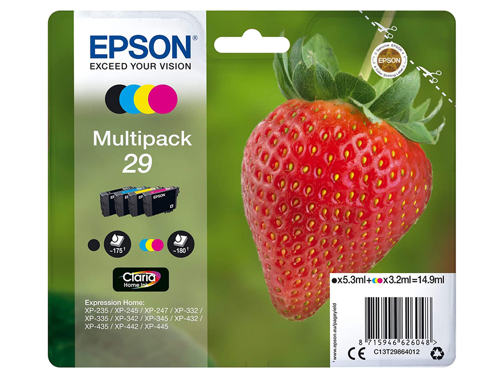 INK-JET EPSON HOME 29 T2986 XP435/330/235 MULTIPACK 4 COLORES NEGRO/AMARILLO/CIAN/MAGENTA