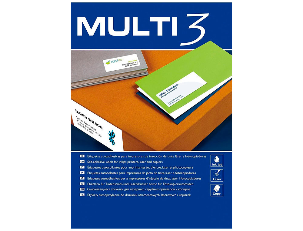 ETIQUETA ADHESIVA MULTI 3 APLI 70X37 MM FOTOCOPIADORA LASER INK-JET CAJA CON 100 HOJAS DIN A4