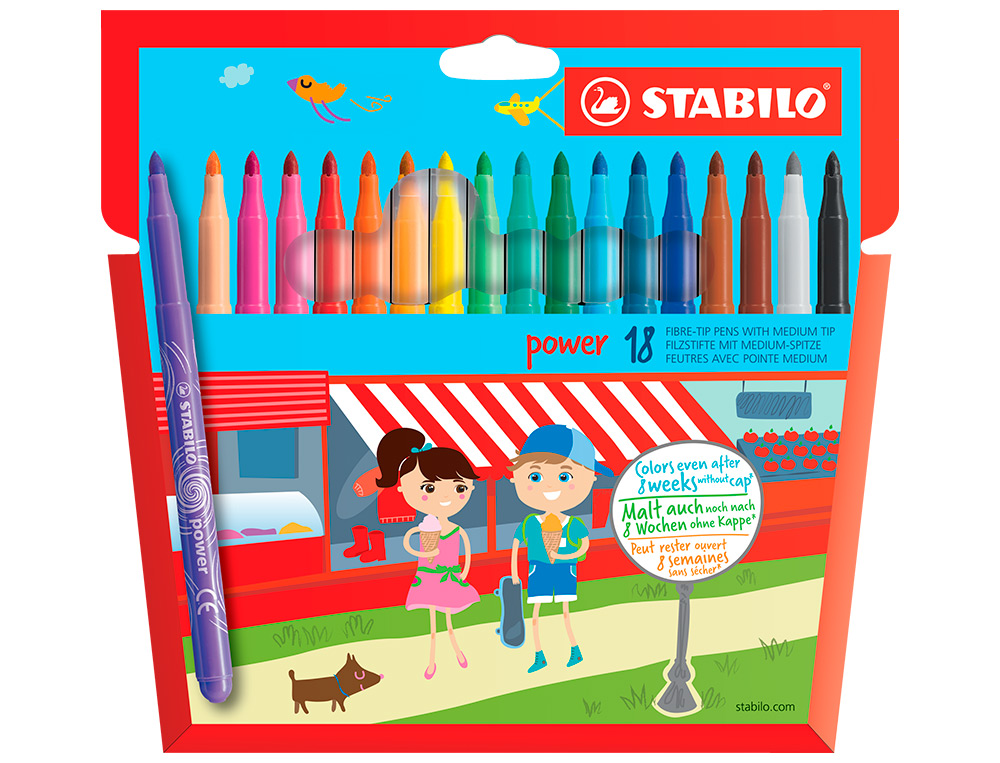 ROTULADOR ESCOLAR STABILO POWE R CAJA DE 18 UNIDADES COLORES SURTIDOS