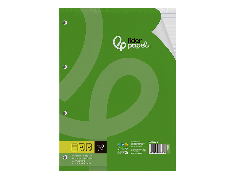 RECAMBIO LIDERPAPEL A4 100 HOJAS 100 G/M2 RAYADO HORIZONTAL CON MARGEN 4 TALADROS