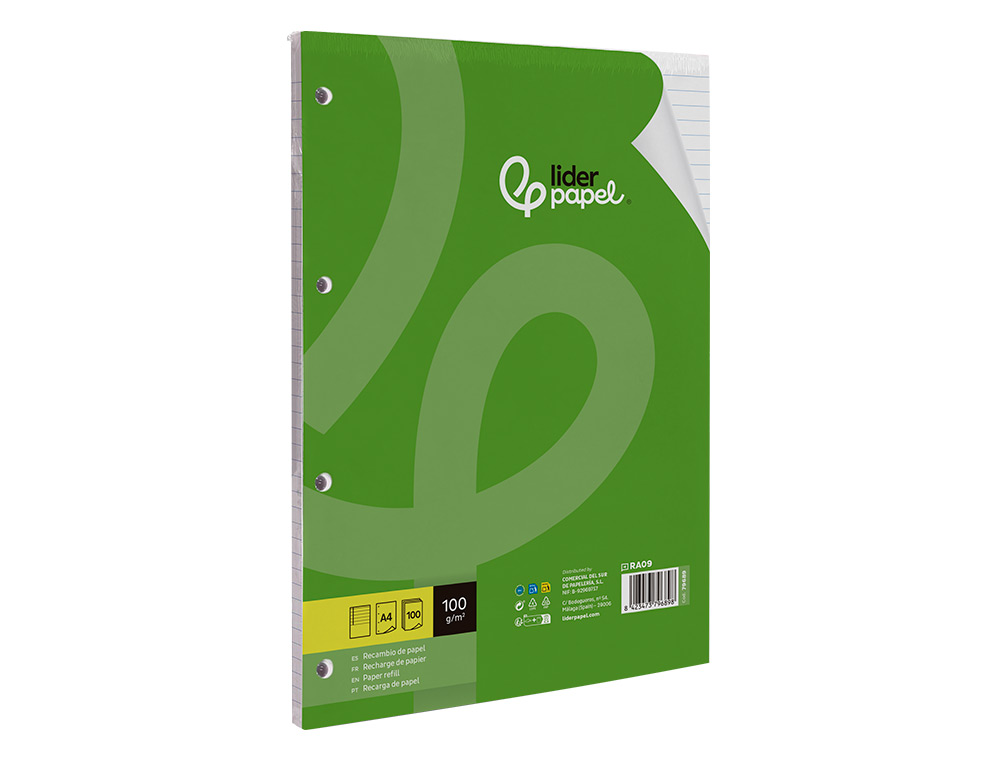 RECAMBIO LIDERPAPEL A4 100 HOJAS 100 G/M2 RAYADO HORIZONTAL CON MARGEN 4 TALADROS