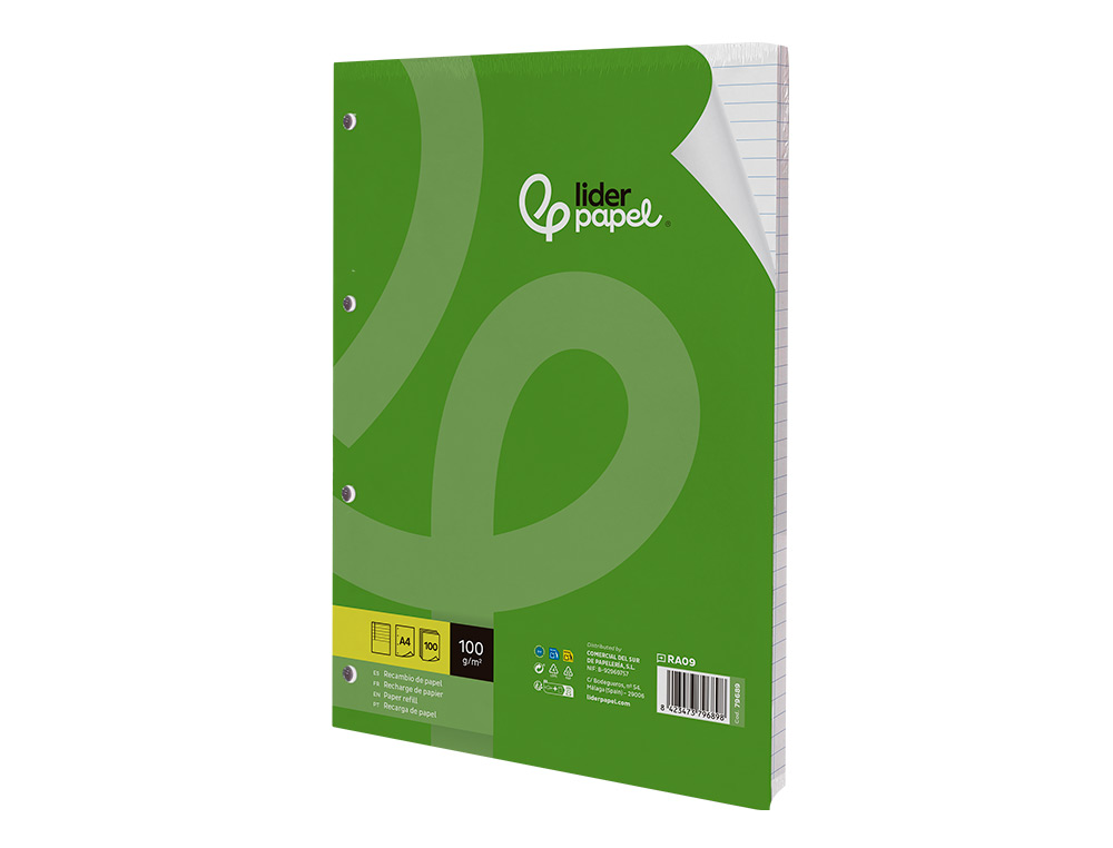 RECAMBIO LIDERPAPEL A4 100 HOJAS 100 G/M2 RAYADO HORIZONTAL CON MARGEN 4 TALADROS